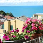 Colorful flowers on a balcony overlooking the sea in Riomaggiore, Italy.